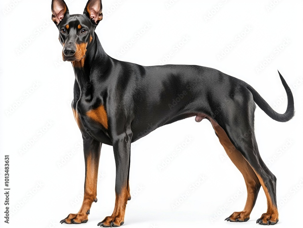 A Doberman Pinscher stands confidently with its sleek body and attentive posture, exuding strength and elegance. The stark white background enhances the dog's striking features. A Doberman Pinscher stands confidently with its sleek body and attentive posture, exuding strength and elegance. The stark white background enhances the dog's striking features.