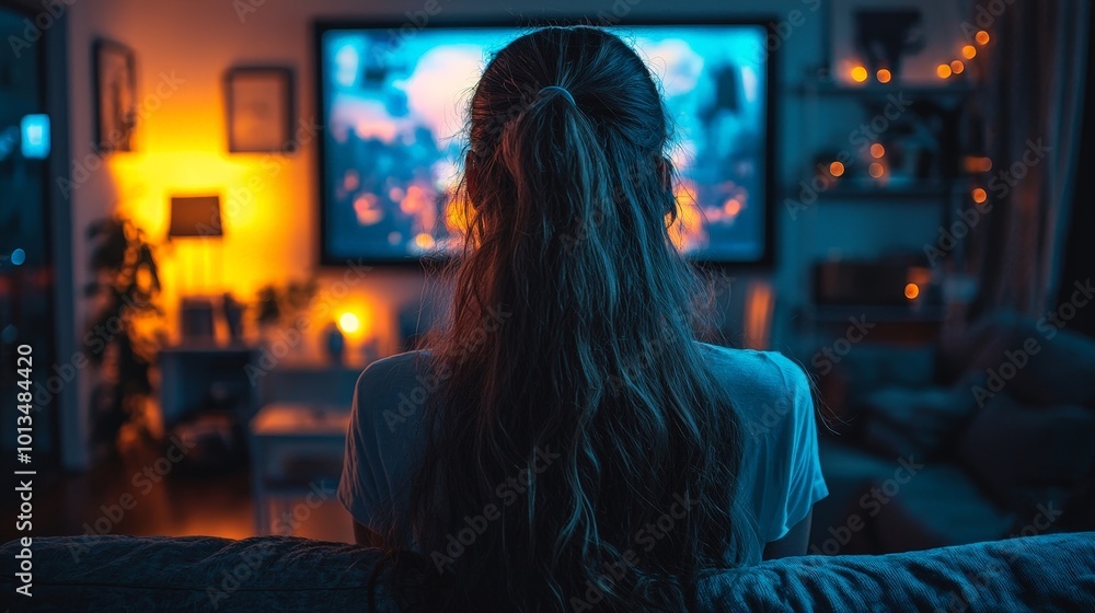 A person watching a movie in a cozy, dimly lit living room. A person watching a movie in a cozy, dimly lit living room.