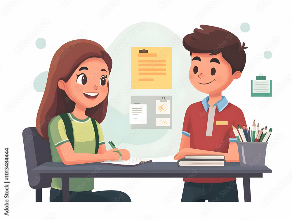 Flat Candid Illustration of Teacher Helping Student with Homework, Emphasizing Education Rights and Equal Opportunities in a Classroom Setting for Human Rights Day