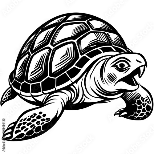 Turtle silhouette vector illustration with a detailed shell and hinged plastron. Ideal for nature-themed designs, logos, and educational materials.