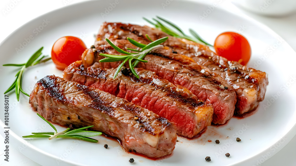 Grilled sliced Beef Steak with sauce, tomatoes, and rosemary on a white plate Isolated on a white background design top view isolated on a white background design Grilled sliced Beef Steak with sauce, tomatoes, and rosemary on a white plate Isolated on a white background design top view isolated on a white background design