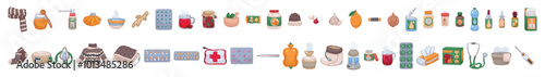 Set of clip art with flu remedies on white background