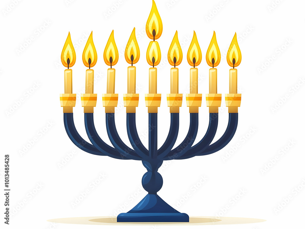 Flat Flying Menorah with Glowing Candles - Futuristic Hanukkah Design in Floating Effect for Modern Celebrations, Isolated on White Background Flat Flying Menorah with Glowing Candles - Futuristic Hanukkah Design in Floating Effect for Modern Celebrations, Isolated on White Background