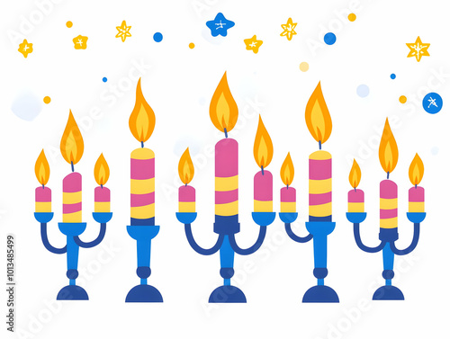 Flat Border Frame with Glowing Hanukkah Candles and Dreidels - Modern Spiritual Design with White Copy Space for Festive Holiday Greeting Cards