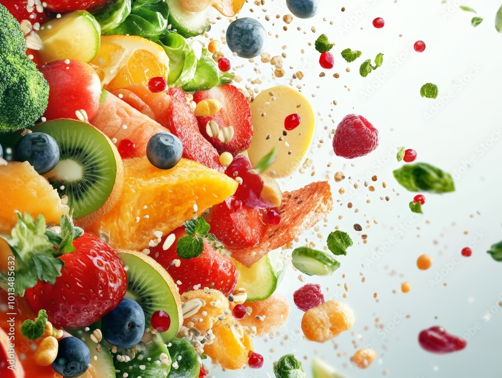 A Vibrant Explosion of Fresh Fruits and Vegetables, Capturing the Essence of Healthy Eating A Vibrant Explosion of Fresh Fruits and Vegetables, Capturing the Essence of Healthy Eating