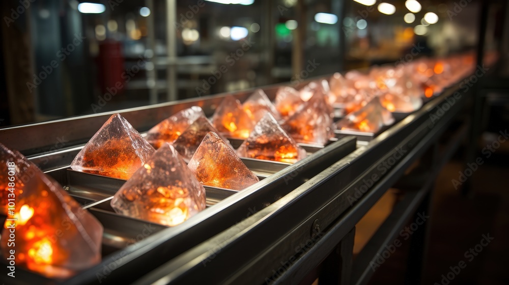 A conveyor belt carries rows of illuminated, translucent, geometric objects, resembling crystals or gemstones, in a modern industrial setting. A conveyor belt carries rows of illuminated, translucent, geometric objects, resembling crystals or gemstones, in a modern industrial setting.