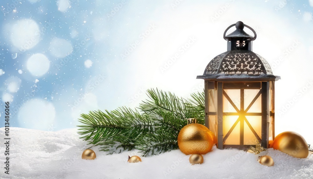 Decorative lantern surrounded by festive ornaments and snow, soft background. Decorative lantern surrounded by festive ornaments and snow, soft background.