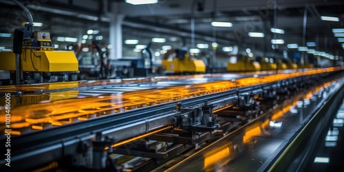 A close-up view of an industrial conveyor belt with a glowing orange surface, highlighting the intricate machinery and advanced technology in a factory setting.