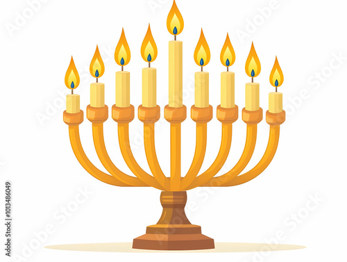 Flat Isolated Menorah with Glowing Candles on White Background - Ideal for Educational and Infographic Use in Hanukkah Traditions