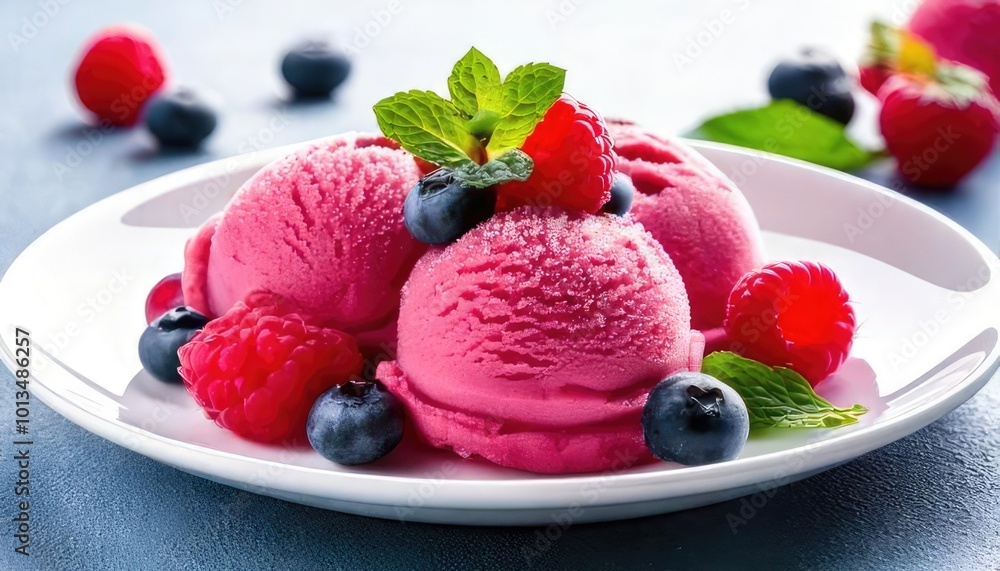 Delicious pink raspberry sorbet served with berries on a white plate. Delicious pink raspberry sorbet served with berries on a white plate.