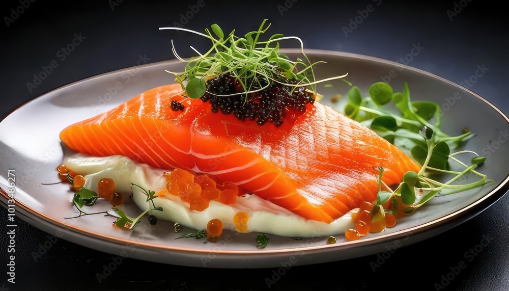 Delicious gourmet salmon dish garnished with caviar and microgreens. Delicious gourmet salmon dish garnished with caviar and microgreens.