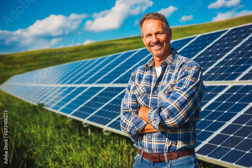 Smiling Male engineer standing in front of solar panels