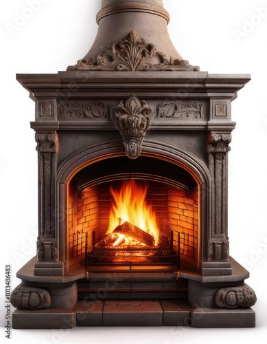 Elegant fireplace with flames, decorative design, white isolated background.