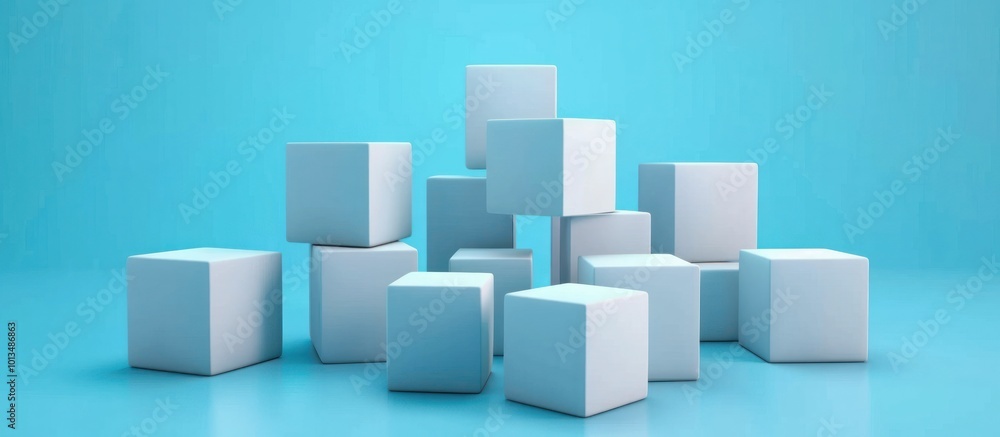 Minimalist arrangement of white cubes in various sizes and positions against a vibrant blue background creating a simple and clean geometric composition with a modern creative design concept