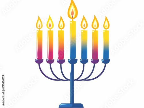 Elegant Flat White Background with Glowing Menorah Silhouette and Hanukkah Candles - Minimalist Design for Promotional Use, Wide Shot with Copy Space