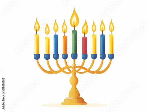 Contemporary Flat Floating Hanukkah Menorah with Flickering Candles in Mid-Air - Modern Vector Illustration on White Background for Festive Celebrations