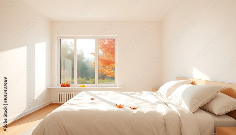 A simple, spacious bedroom features a large bed with white linens, highlighted by the warm glow of sunlight filtered through red and yellow leaves outside. A simple, spacious bedroom features a large bed with white linens, highlighted by the warm glow of sunlight filtered through red and yellow leaves outside.