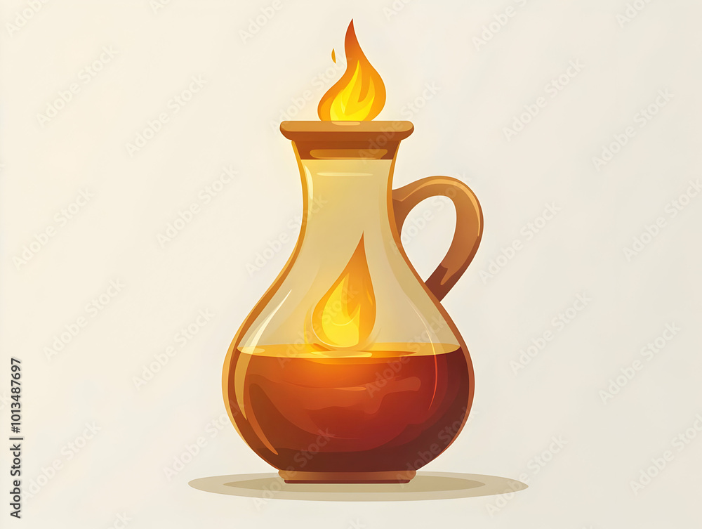 Flat Isolated Hanukkah Oil Jug with Glowing Flame on White Background - Symbol of the Miracle of Hanukkah for Educational Infographics and Religious Content Flat Isolated Hanukkah Oil Jug with Glowing Flame on White Background - Symbol of the Miracle of Hanukkah for Educational Infographics and Religious Content
