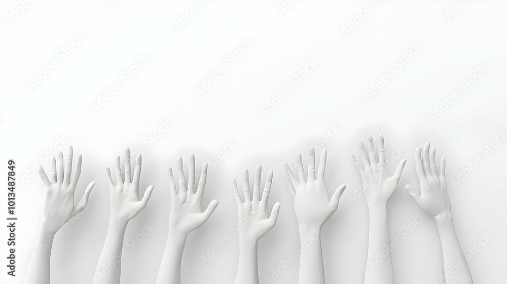 Obraz premium 3D Raised Hands on Plain White Background for Human Rights Day Concept - Unity & Activism with Ample Copy Space for Messages
