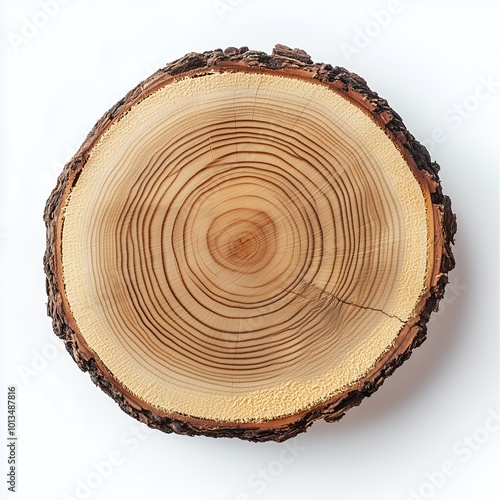 Closeup of a wooden tree trunk slice with bark showing growth rings.