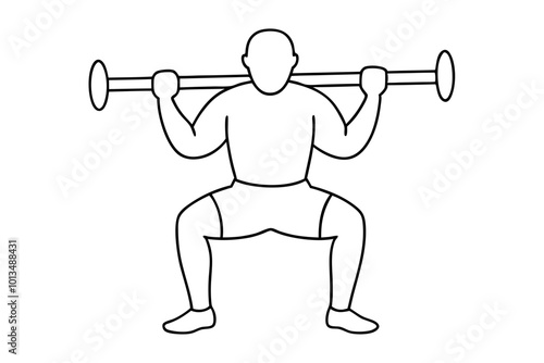 Simple line art vector illustration of barbell squat with a person lifting weights
