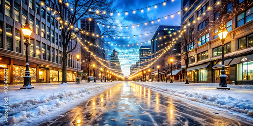 Festive Urban Winter Scene: Glossy Ice-Covered City Street with Twinkling Lights and Clear Copy Space for Promotional Use