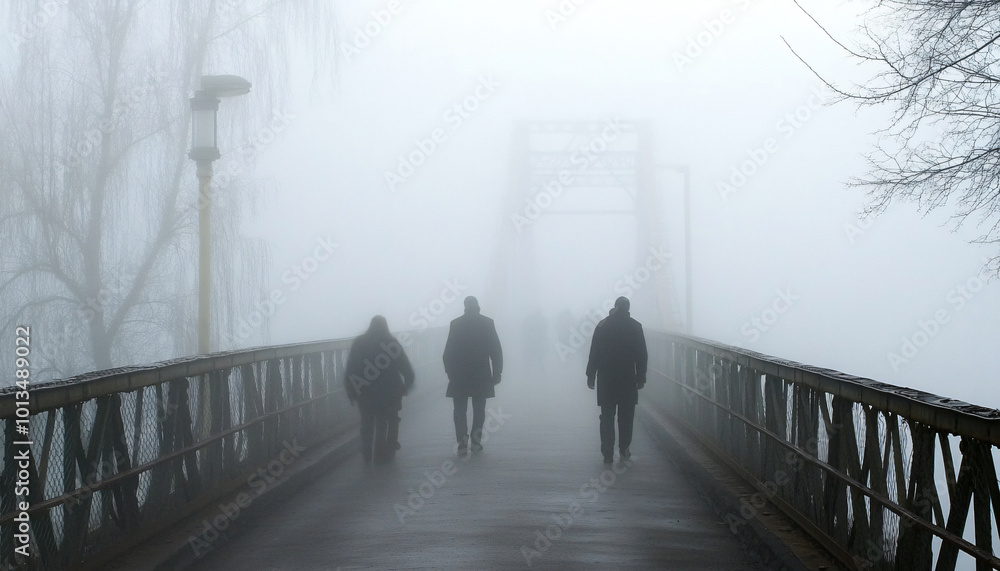 Capture people walking on a bridge partially hidden by thick fog, emphasizing their silhouettes against the hazy backdrop, creating a feeling of isolation or mystery Capture people walking on a bridge partially hidden by thick fog, emphasizing their silhouettes against the hazy backdrop, creating a feeling of isolation or mystery