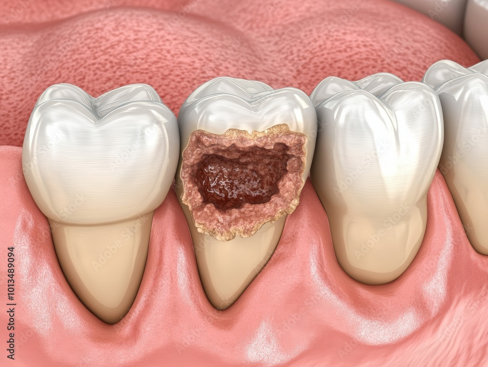 Close-up of a Severely Decayed Tooth, Exposing the Inner Cavity and Gum Tissue, Demonstrating the Progression of Tooth Decay. Close-up of a Severely Decayed Tooth, Exposing the Inner Cavity and Gum Tissue, Demonstrating the Progression of Tooth Decay.