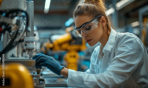 Professional Multicultural Team of Female and Male Engineers Using Industrial Programmable Robotic Arm in a Factory Development Workshop. Tech Facility with Machines, Computers and Research