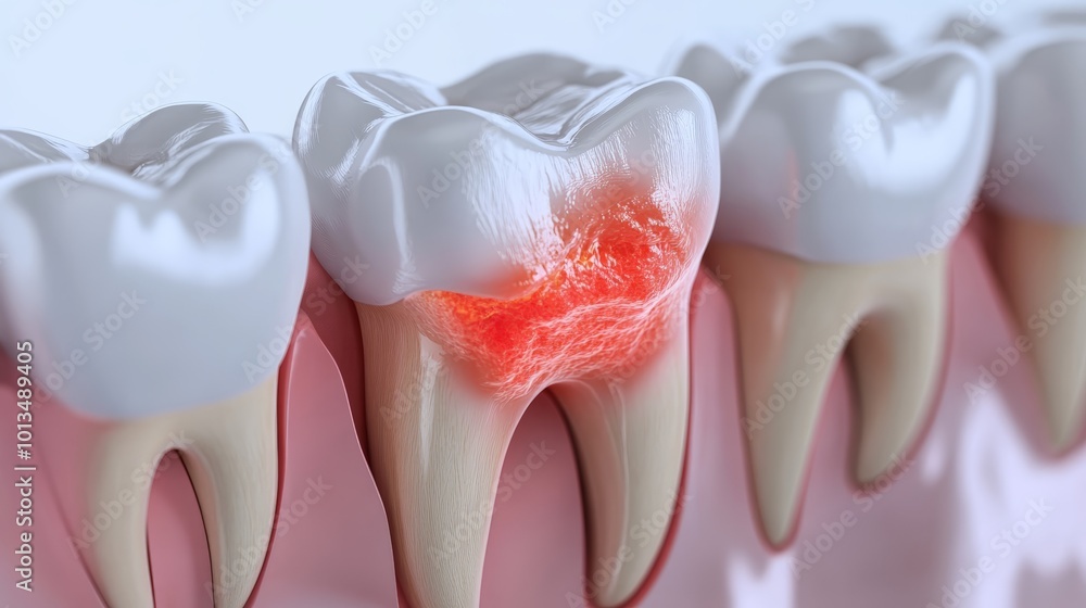 Close-up of a Tooth Abscess, Highlighting the Infected Gum Line and Root, a 3D Medical Illustration Close-up of a Tooth Abscess, Highlighting the Infected Gum Line and Root, a 3D Medical Illustration