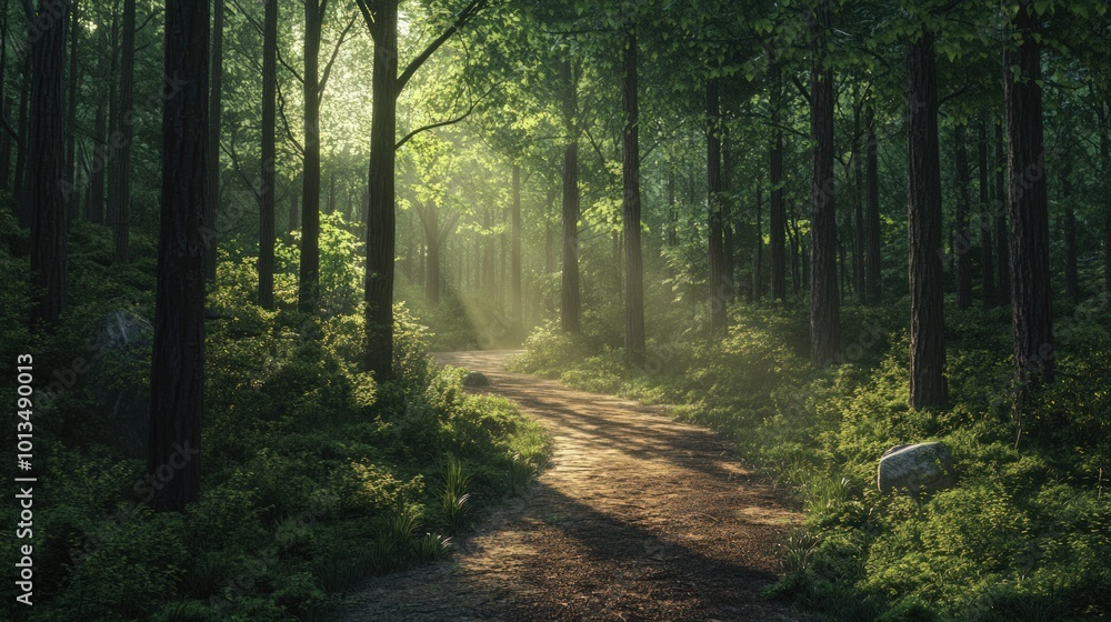 Sunbeams illuminate a path through a dense, green forest. Sunbeams illuminate a path through a dense, green forest.