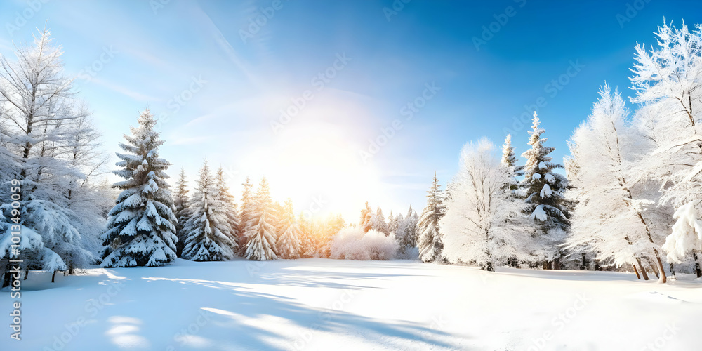 Fototapeta premium Serene Glossy Winter Forest with Snow-Covered Trees: Perfect Background for Winter Promotions and Clear Copy Space