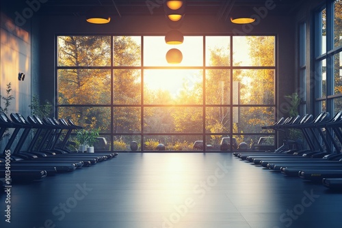 Modern fitness class interior with sport equipment in row and panoramic window, Generative AI photo