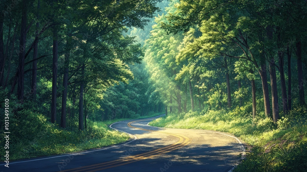 A winding road through a lush green forest, bathed in sunlight. A winding road through a lush green forest, bathed in sunlight.