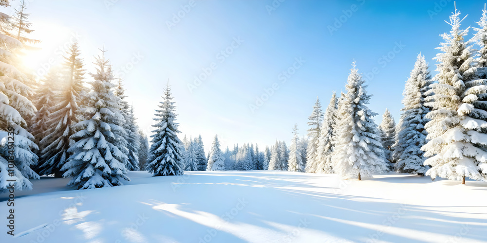 Serene Glossy Winter Forest with Snow-Covered Trees: Ideal Background for Winter Promotions & Text Space in a Captivating Landscape Serene Glossy Winter Forest with Snow-Covered Trees: Ideal Background for Winter Promotions & Text Space in a Captivating Landscape