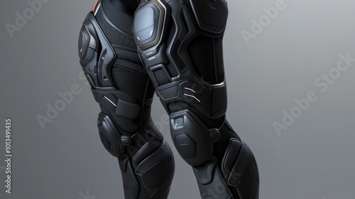 Detailed of a sleek high tech futuristic armored mech suit with advanced cyberpunk inspired technology and engineering The powerful exosuit features a robust
