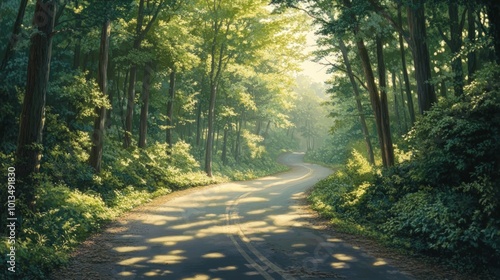 A winding road through a lush forest with sunlight shining through the trees.