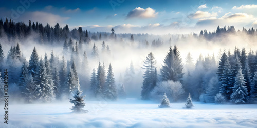 Moody Winter Landscape: Plain Snowy Forest with Rising Mist and Ample Copy Space for Text in Atmospheric Photo Stock Concept