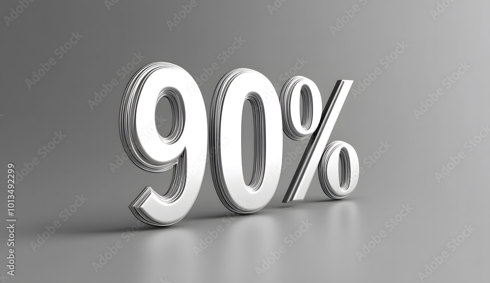 90 percent 3d metal text isolated on white, 3d render illustration design