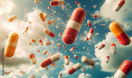 Capsules falling from the sky, symbolizing drug addiction and the overuse of medical prescriptions. This image highlights the potential dangers and widespread issue of medication, Generative AI photo