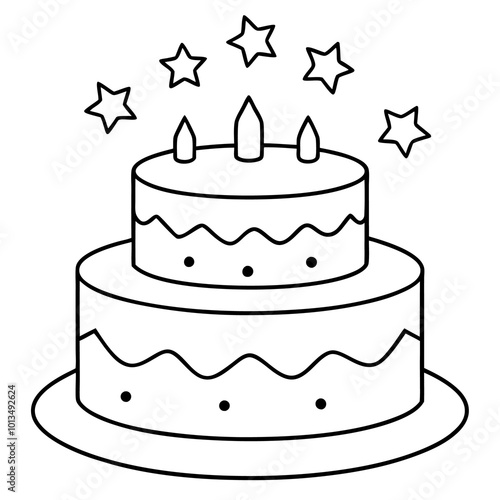 stars and birthday cake outline coloring book page line art drawing