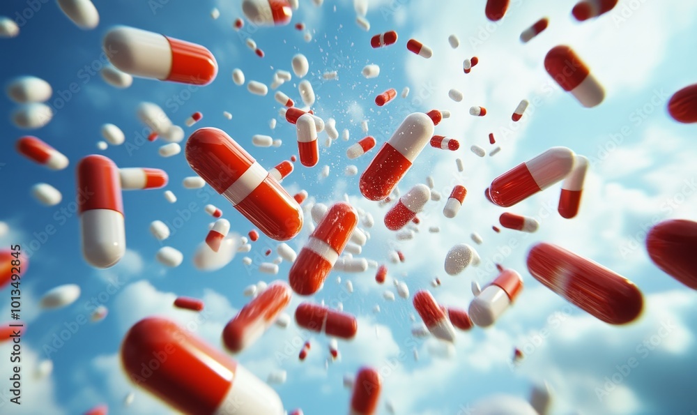 Capsules falling from the sky, symbolizing drug addiction and the overuse of medical prescriptions. This image highlights the potential dangers and widespread issue of medication, Generative AI Capsules falling from the sky, symbolizing drug addiction and the overuse of medical prescriptions. This image highlights the potential dangers and widespread issue of medication, Generative AI