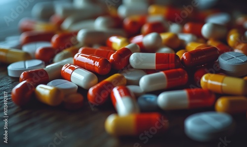 A close-up of various prescription pills scattered on a table, symbolizing the widespread issue of drug overuse and its pandemic-like impact on, Generative AI photo