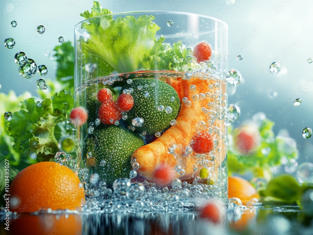 Hyperrealistic 3D Illustration of Fresh Fruits and Vegetables Submerged in Water with Bubbling and Splashing Effects for Educational Visual Study Hyperrealistic 3D Illustration of Fresh Fruits and Vegetables Submerged in Water with Bubbling and Splashing Effects for Educational Visual Study