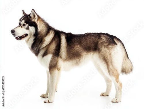 This strong and stunning Alaskan Malamute impresses with its thick fur and sturdy frame, elegantly poised on a white background, highlighting its regal presence and character.