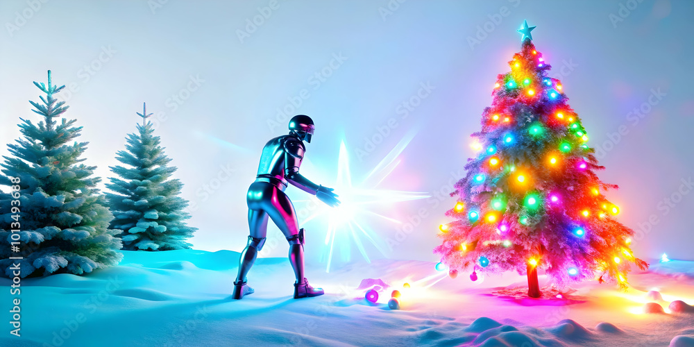 Flat Abstract Glowing Figure Cutting Down a Radiant Christmas Tree in a Neon Winter Forest - Modern Holiday Promotion Vector Illustration Flat Abstract Glowing Figure Cutting Down a Radiant Christmas Tree in a Neon Winter Forest - Modern Holiday Promotion Vector Illustration