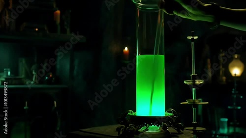 Green poisonous magic potion on dark laboratory background