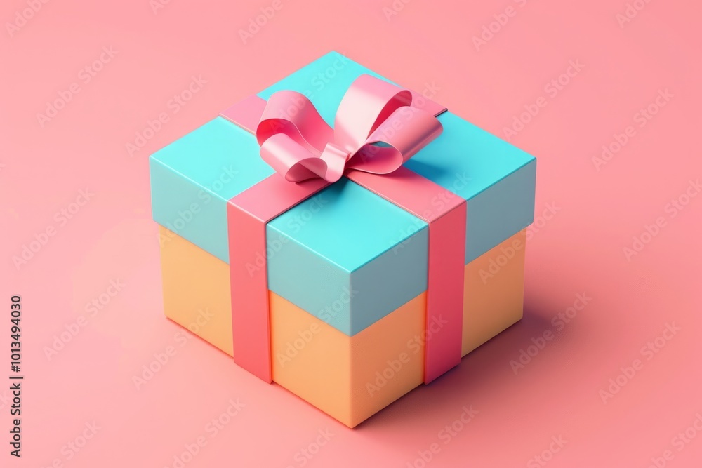 3D illustration of a colorful gift box with a pink ribbon and bow, set against a pastel pink background. Celebration, gift-giving, and holiday concept. Generative AI 3D illustration of a colorful gift box with a pink ribbon and bow, set against a pastel pink background. Celebration, gift-giving, and holiday concept. Generative AI