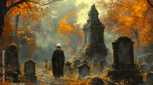 Elderly Man Reflecting in Serene, Ivy-Covered Forest Cemetery at Dusk. Non-existent person.