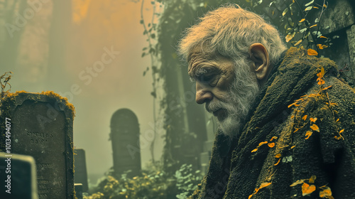 Elderly Man Reflecting in Serene, Ivy-Covered Forest Cemetery at Dusk. Non-existent person.